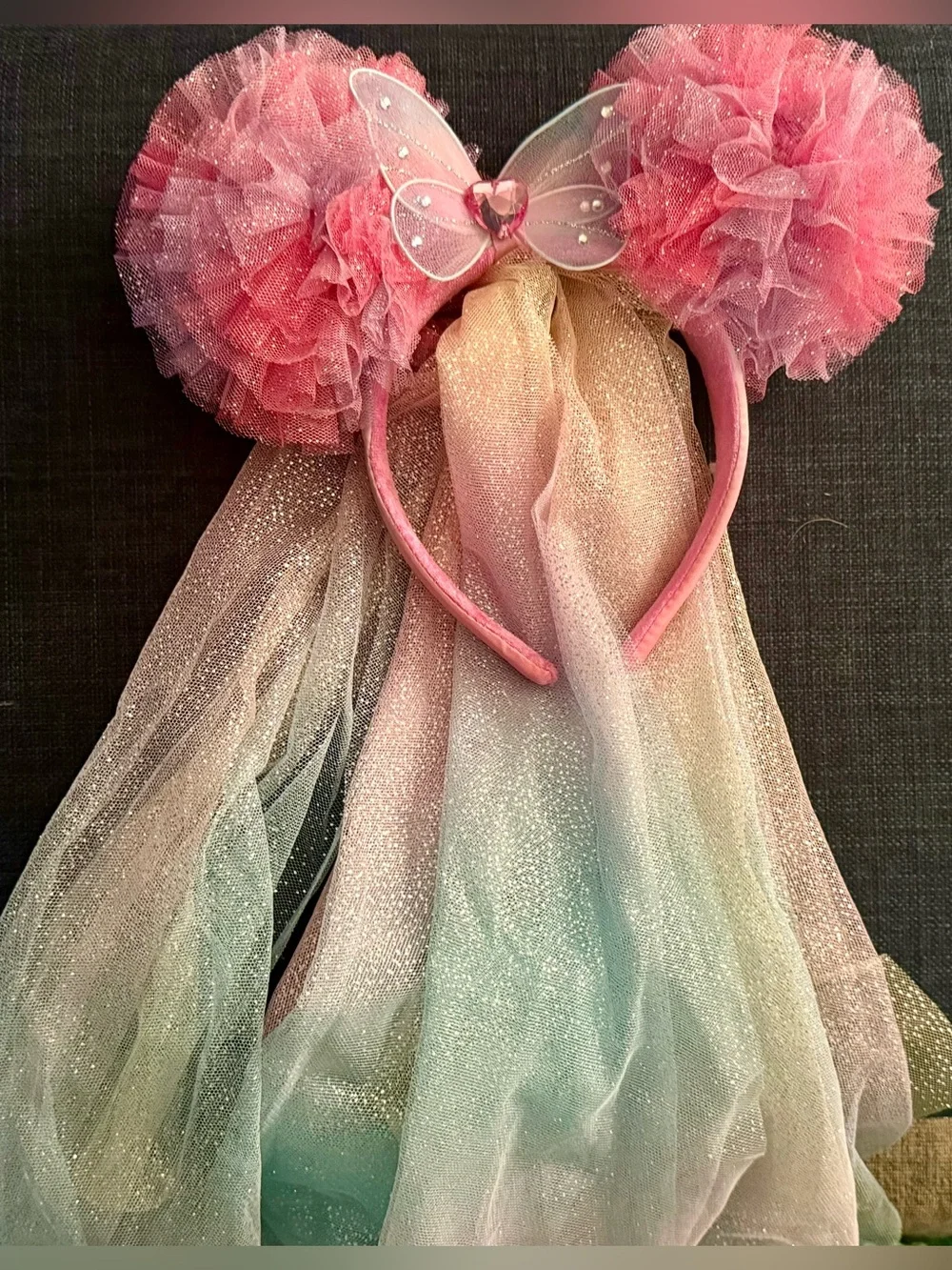 Disney Pink Pom Pom Minnie Ears Butterfky Headband with Iridescent Veil